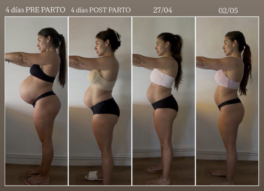 Ginna Pedrós — progresión: 4 días pre parto, 4 días post parto, 27/04 y 02/05